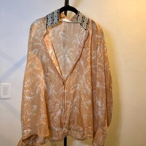 Elegant Tan Blouse with Patterned Collar